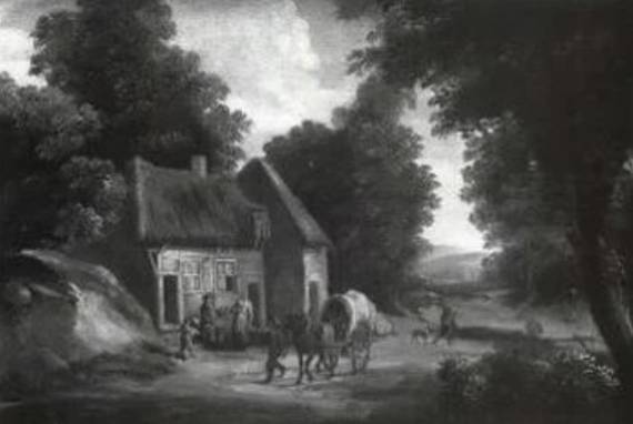 Jacques d'Arthois - Peasants and a Cart on a Track outside a Cottage