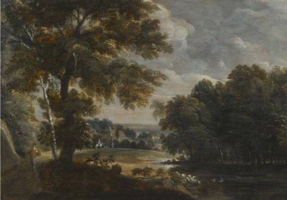 Jacques d'Arthois - A Wooded River Landscape with a Huntsman on a Path