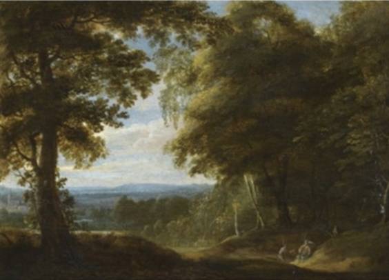 Jacques d'Arthois - A Wooded Landscape with Two Hunters Resting beside a Track