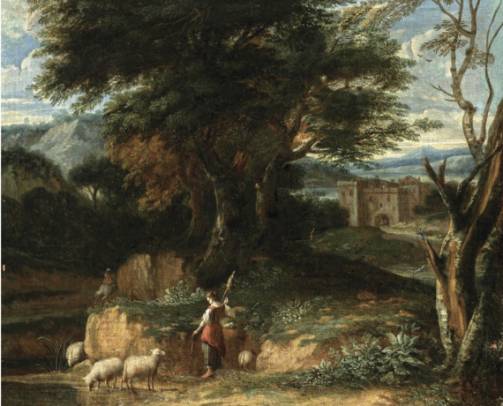 Jacques d'Arthois - Forest Landscape with Shepherdess, Castle in the Distance