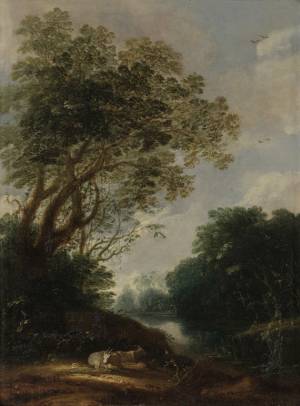 Jacques d'Arthois - Wooded Landscape with Goats Resting by a Stream