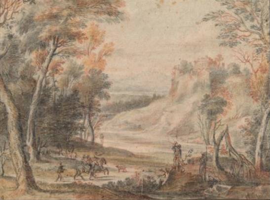 Jacques d'Arthois - Landscape with Hunters and Travelers
