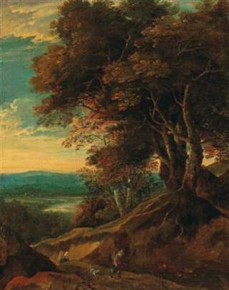 Jacques d'Arthois - A Hilly, Tree-clustered Landscape with Travellers