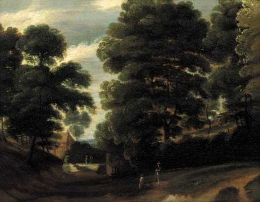 Jacques d'Arthois - Travellers on a Road in a Wood, a Farm beyond